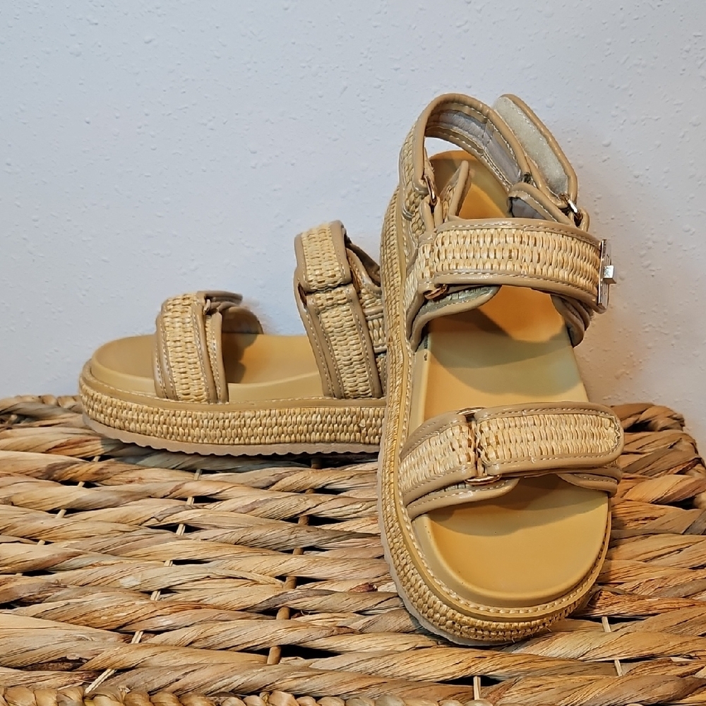Tan Woven Double Velcro Strap Womens Platform Sandals Sz. 7